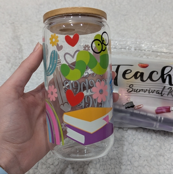Best Teacher Ever Glass Tumbler with Teacher Survival Kit - Picture 3 of 16